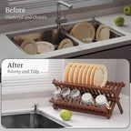 Teak Dish Drying Rack,Folding Collapsible Drainer Plate Organizer Holder for Kitchen,Foldable Spice Rack for Countertop and Cabinet,Pantry Organization and Storage
