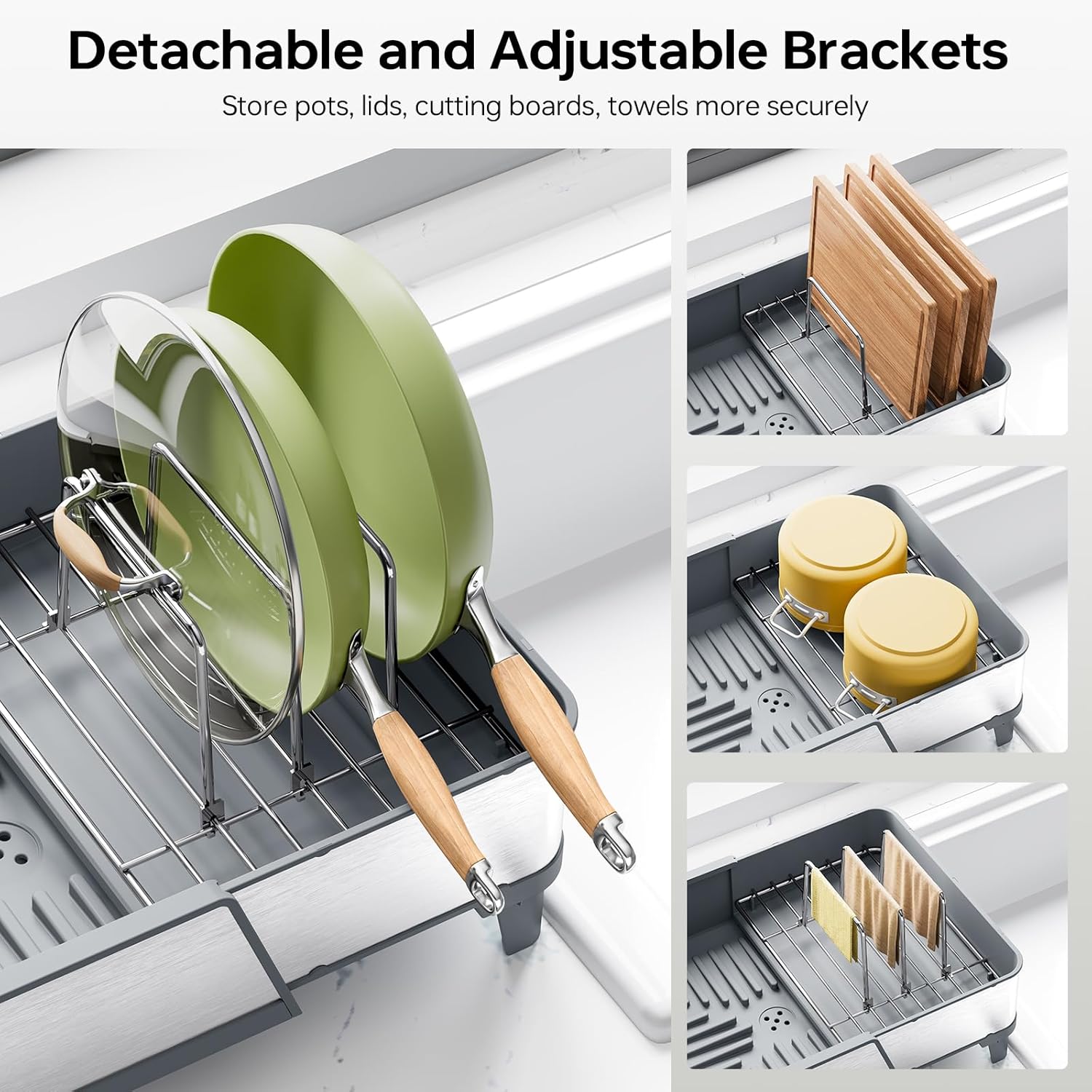 Triple Expandable Dish Drying Rack, Extra Large Dish Rack for Kitchen Counter, Stainless Steel Dish Drying Rack, Foldable Dishes Drainer, Extendable Dish Strainer with Utensil & Pans Holder, Gray