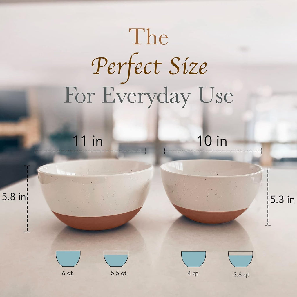 Mora Ceramic Large Mixing Bowls - Set of 2 Nesting Bowls for Cooking, Serving, Popcorn, Salad etc - Microwavable Kitchen Stoneware, Oven, Microwave and Dishwasher Safe - Extra Big 5.5 & 3.6 Qt - White