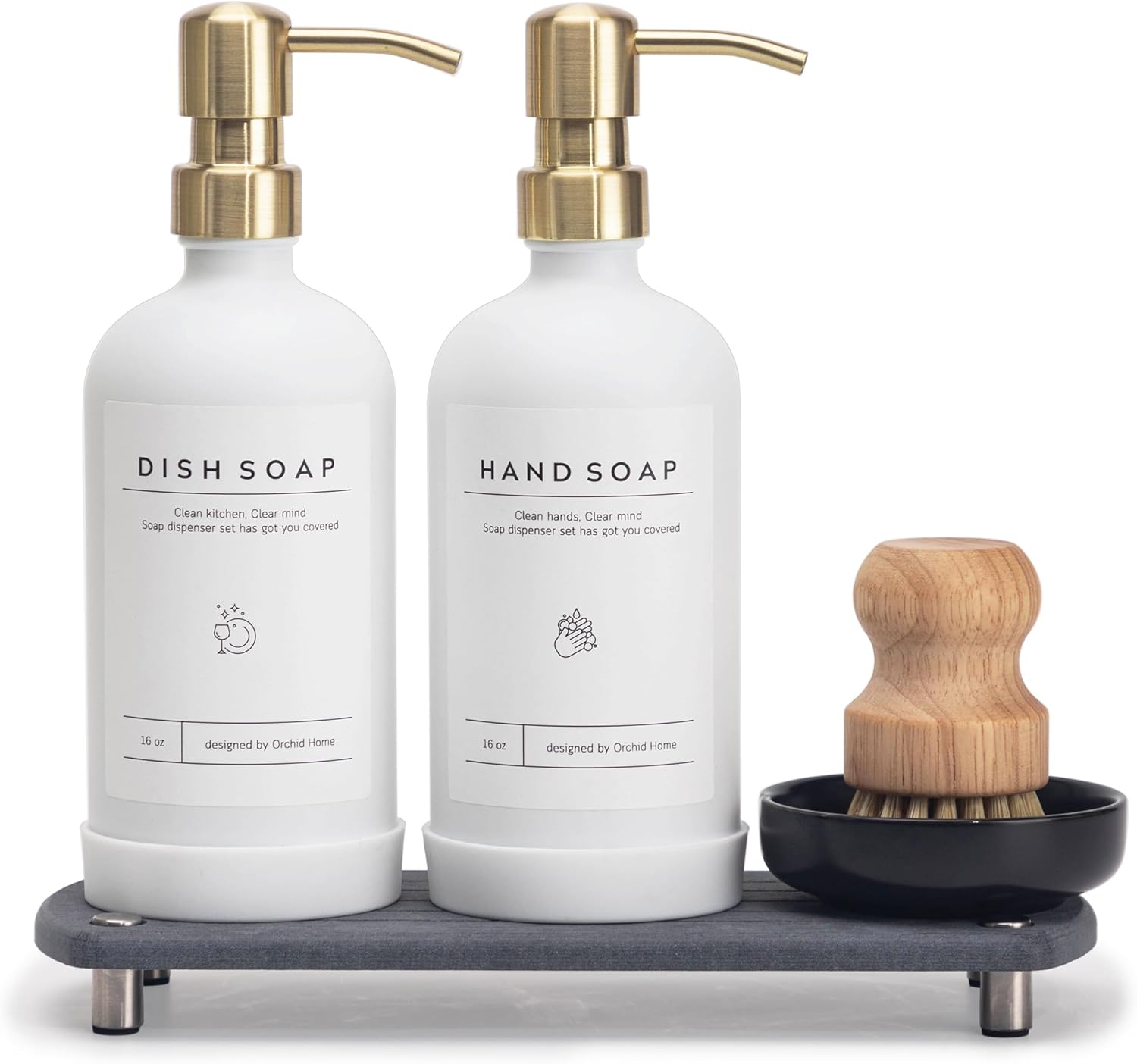 [Luxury] Kitchen Soap Dispenser Set - 16OZ White Glass Bottle, Stainless Steel Pump, Instant Dry Tray, Waterproof Labels, Non-Slip Silicone Pad, and Dish Brush | Upgrade for Your Kitchen and Bathroom