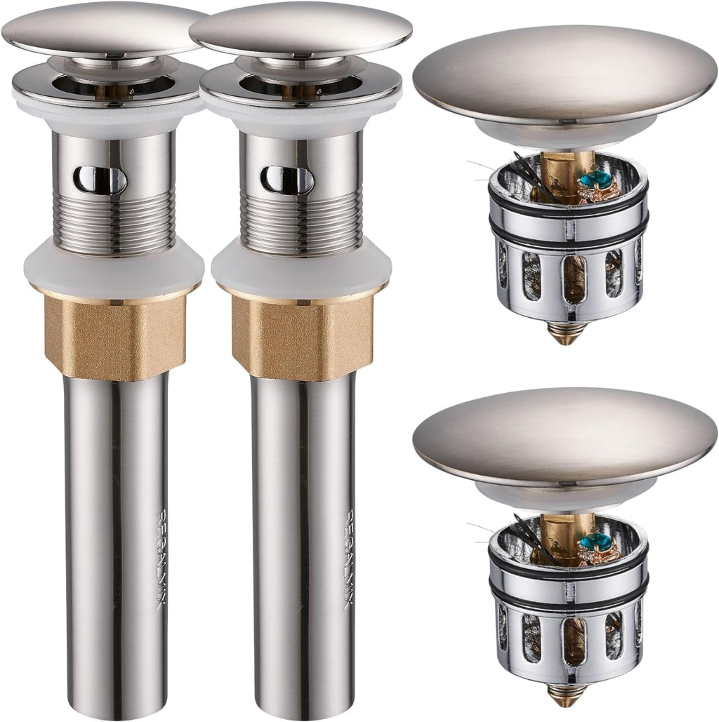 Bathroom Sink Drain with Overflow, Brushed Nickel Pop Up Drain 2 Pack, All Metal Bathroom Sink Stopper for Vanity Vessel Sink, Stainless Steel and Brass, RM083J-P2