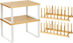 Marsui 4 Pcs Kitchen Organizer Accessories Set Cabinet Organizer Shelf and Bamboo Dish Drying Plate Rack Counter Shelves Storage Holder for Spice Rack, Dish, Pot Lid, Bowl, Cup(Wooden Color)