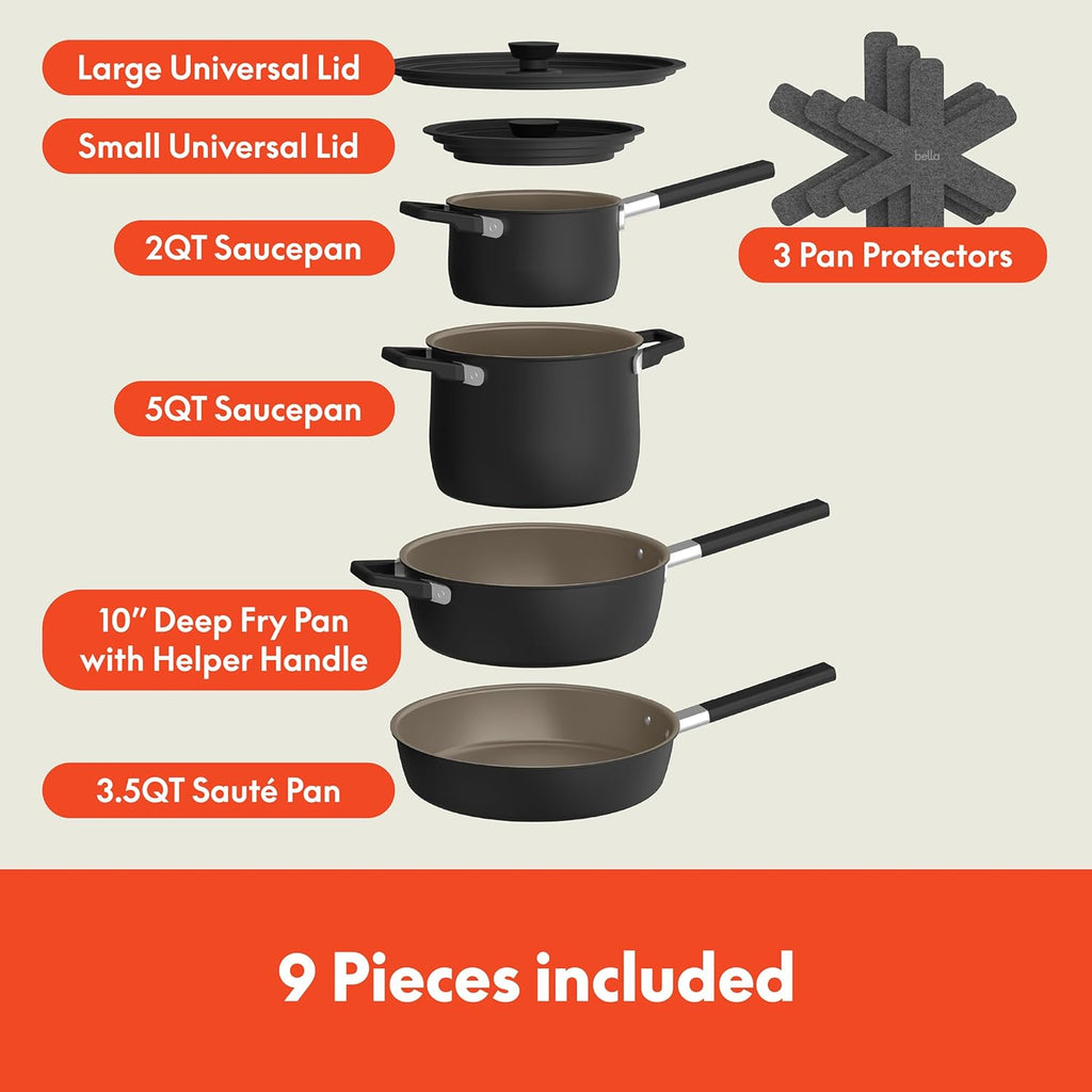 bella 9 Piece Ceramic Nonstick Cookware Set, Fits-anywhere™ Kitchenware w EverGood™ Coating, Dishwasher & Oven Safe, All Stovetops Compatible, Stackable Design, Cool Touch Handles, Black