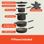 bella 9 Piece Ceramic Nonstick Cookware Set, Fits-anywhere™ Kitchenware w EverGood™ Coating, Dishwasher & Oven Safe, All Stovetops Compatible, Stackable Design, Cool Touch Handles, Black