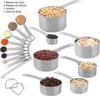 Measuring Cups and Spoons Set of 15 Pcs, 7 Stainless Steel Stackable Heavy Measuring Cups, 8 Measuring Spoons, Metal Measuring Spoons and Cups for Dry or Wet Ingredients During Baking.