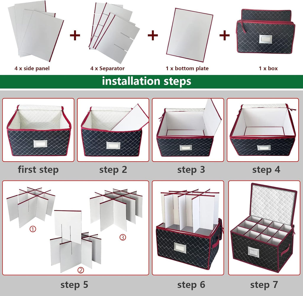 VERONLY Christmas Stemware Storage Cases with Dividers- Holds 24 Wine Glass Storage or Crystal Glassware Containers, China Storage Containers with 2 Handles and Lable Window -Set of 2 Black