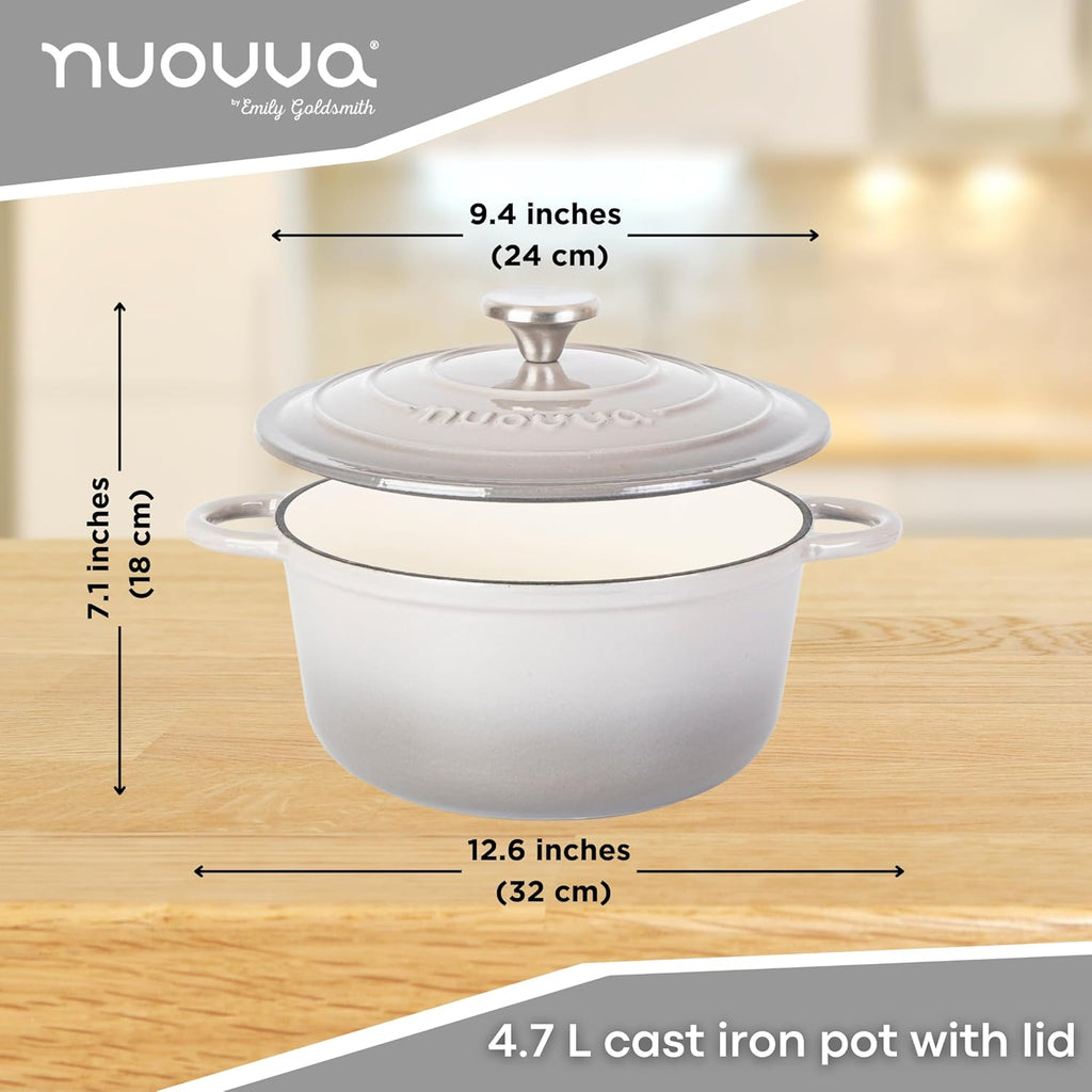 Cast Iron Pot with Lid – Non-Stick Ovenproof Enamelled Casserole Pot, Oven Safe up to 500° F – Sturdy Dutch Oven Cookware – Grey, 5-Quart, 24cm – by Nuovva