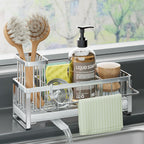 HapiRm Sponge Holder for Kitchen Sink - Self-draining Sink Caddy with Brush Holder and Dishcloth Holder, Stainless Steel Kitchen Organizer - Silver