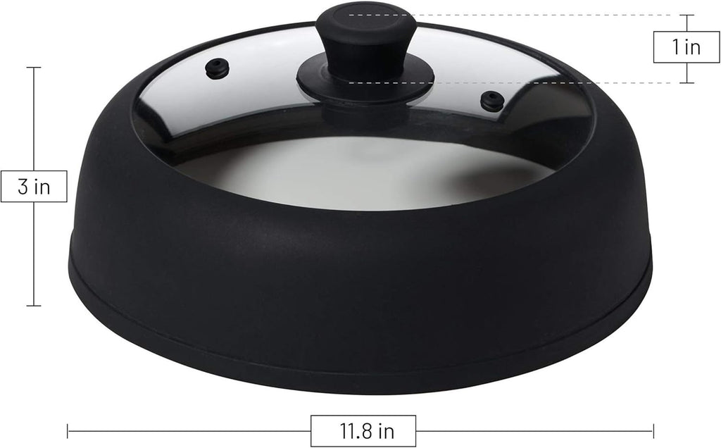Bezrat Vented Glass Microwave Plate Cover | Large 12-inch Splatter Guard Lid | Firm Grip Silicone handle | 100% Food Grade | Dishwasher Safe (Black)
