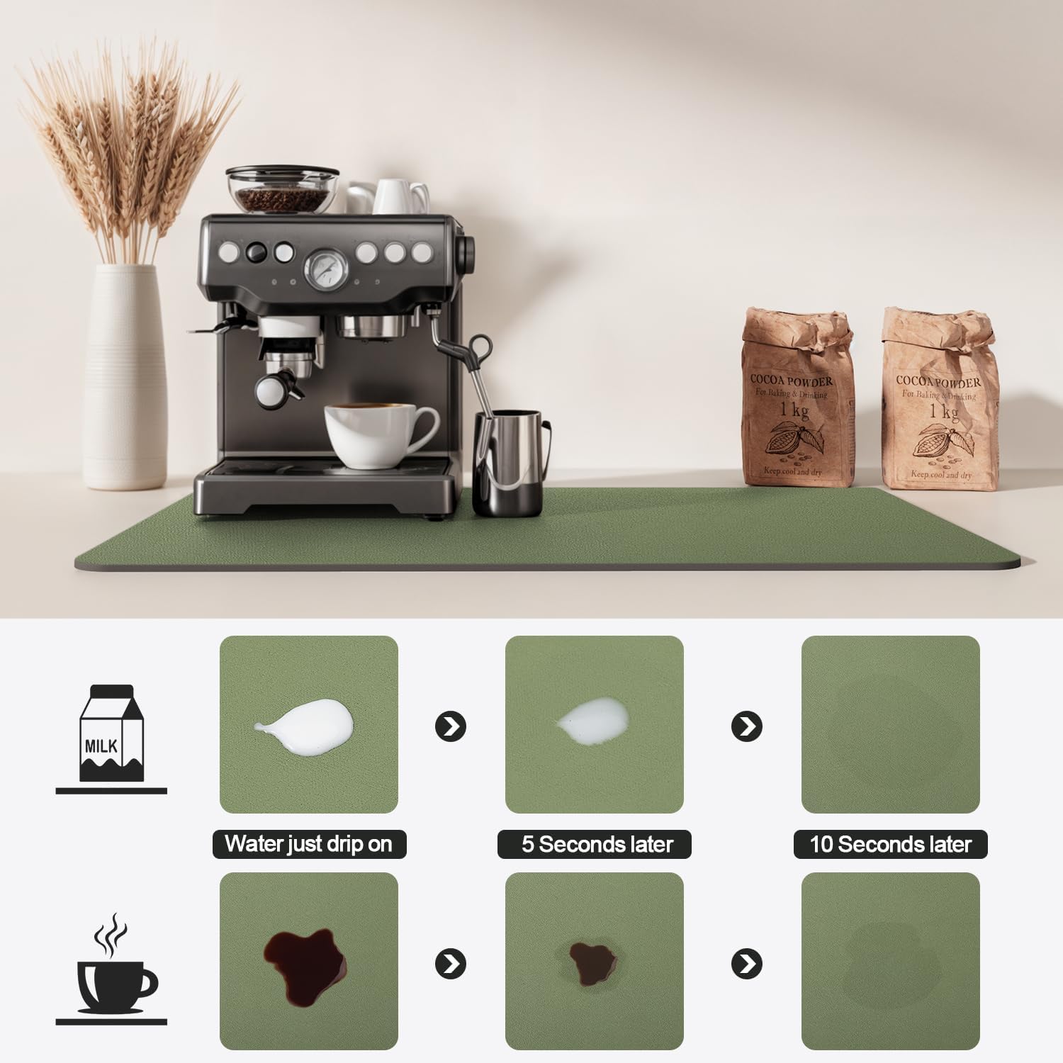 Dish Drying Mat for Kitchen Counter | Coffee Bar Mat for Countertops | Heat Resistant Drainer Mat with Non-slip Rubber Backed | Hide Stain Kitchen Absorbent Draining Mat | Green 16"x18"