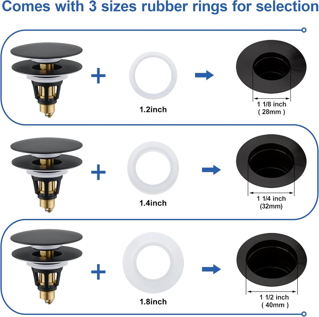 Universal Bathroom Sink Stopper - Pop Up Sink Drain Stopper, Push Button Flixfilter Sink Drain Stopper Replacement, Wash Basin Drain Filter Plug Anti-Clogging Basket, Matte Black