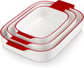 MALACASA Casserole Dishes for Oven, Ceramic Baking Dishes Set of 3, Rectangular Lasagna Pan Deep Baking Pans, Bakeware Sets with Handles Gift Set, White with Red Trim (13.8''/11.7''/9.4''), Series BAKE