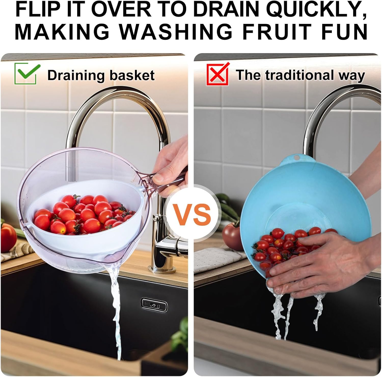 3-in-1 Kitchen Tool: Works as Rice Strainer, Fruit Washing Bowl with Strainer, Water Scoop. PET+PP Material, Rotatable Inner Basket for Easy Draining, Ideal for Rinsing Rice, Washing Fruits/Veggies.