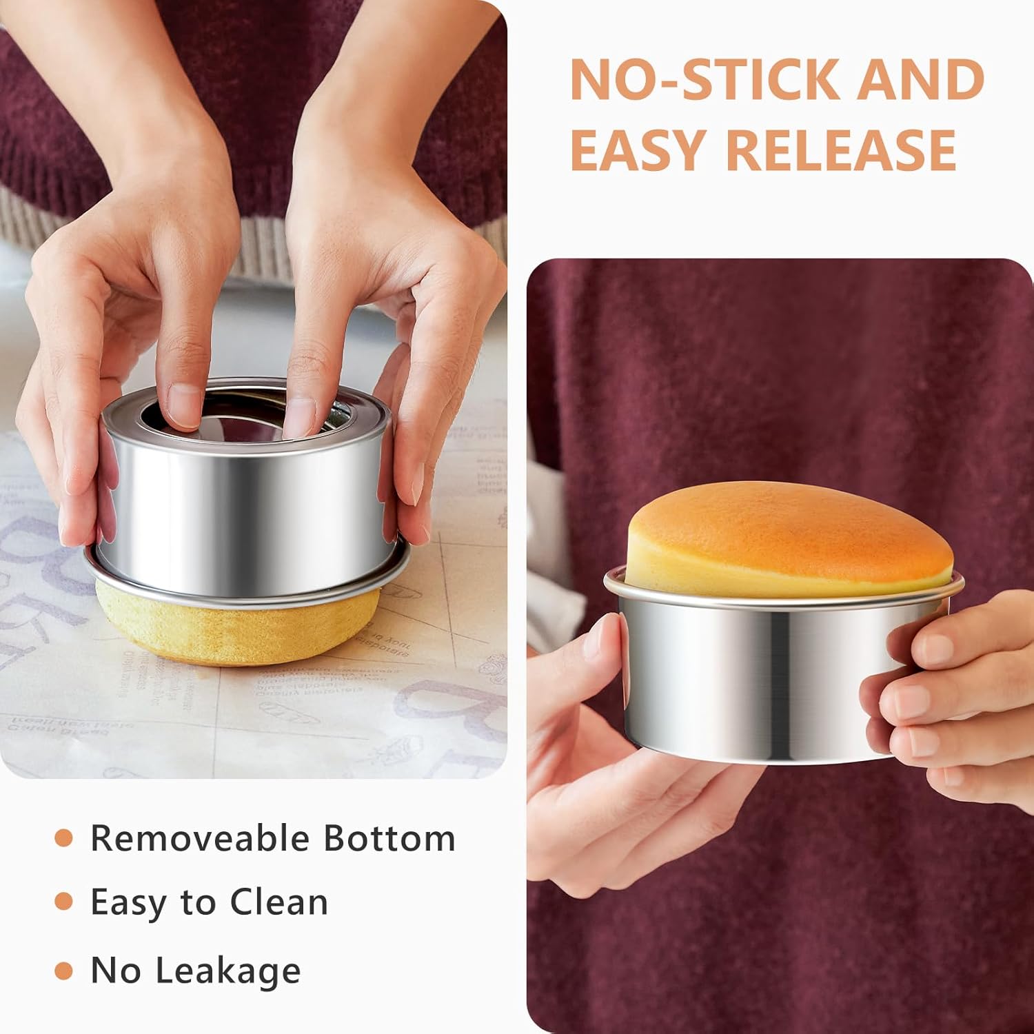 4 Inch Cake Pan Set of 4, Removable Bottom & Easy Releasing Mini Cake Pan, 304 Stainless Steel Round Cake Pan, Leakproof & Nonstick Small Cake Baking Pans, Non-Toxic & Healthy