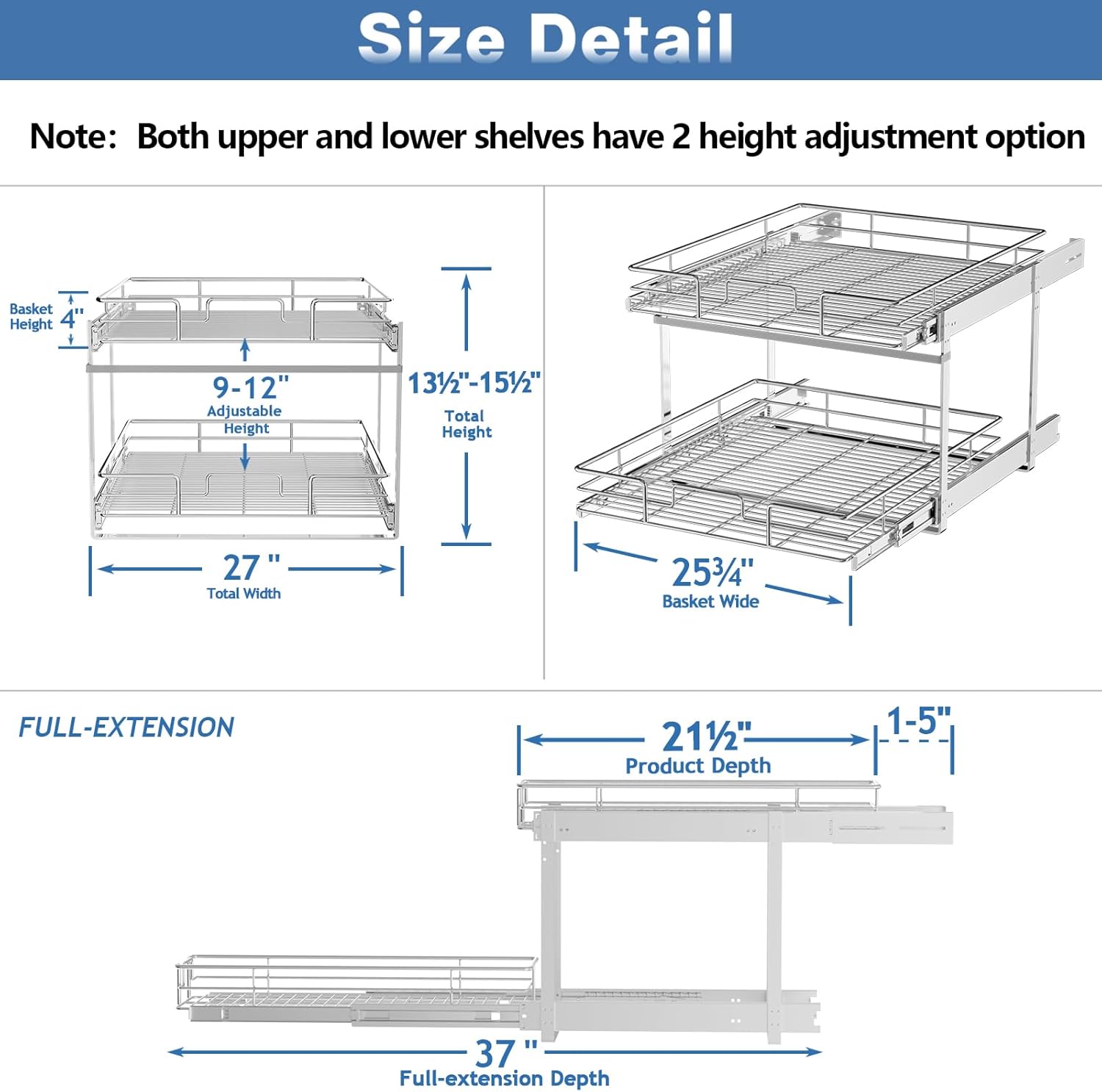 ROOMTEC Individual Pull Out Cabinet Organizer (27" W x 21½" D), 2 Tier Spice Rack Organizer for Cabinet, Slide Out Drawer Pantry Shelf Organization and Storage for Kitchen Bathroom