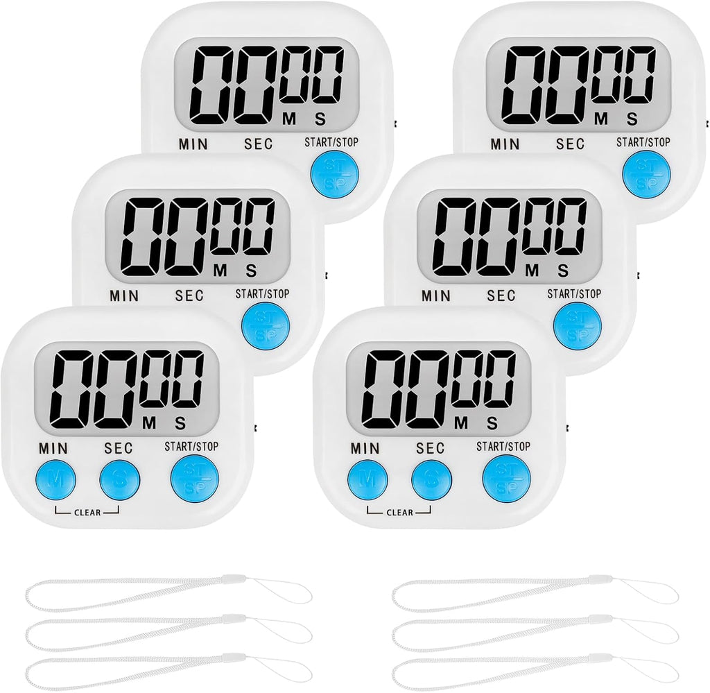 ZILLEEN Kitchen Timer Digital with Magnetic Back for Kids Classroom, White 6 Pack