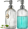 JASAI 2PACK 18 Oz Glass Soap Dispenser with Rust Proof Stainless Steel Pump, Refillable Hand Soap Dispenser with Vertical Stripe, Premium Bathroom soap Dispenser for Kitchen & Bathroom
