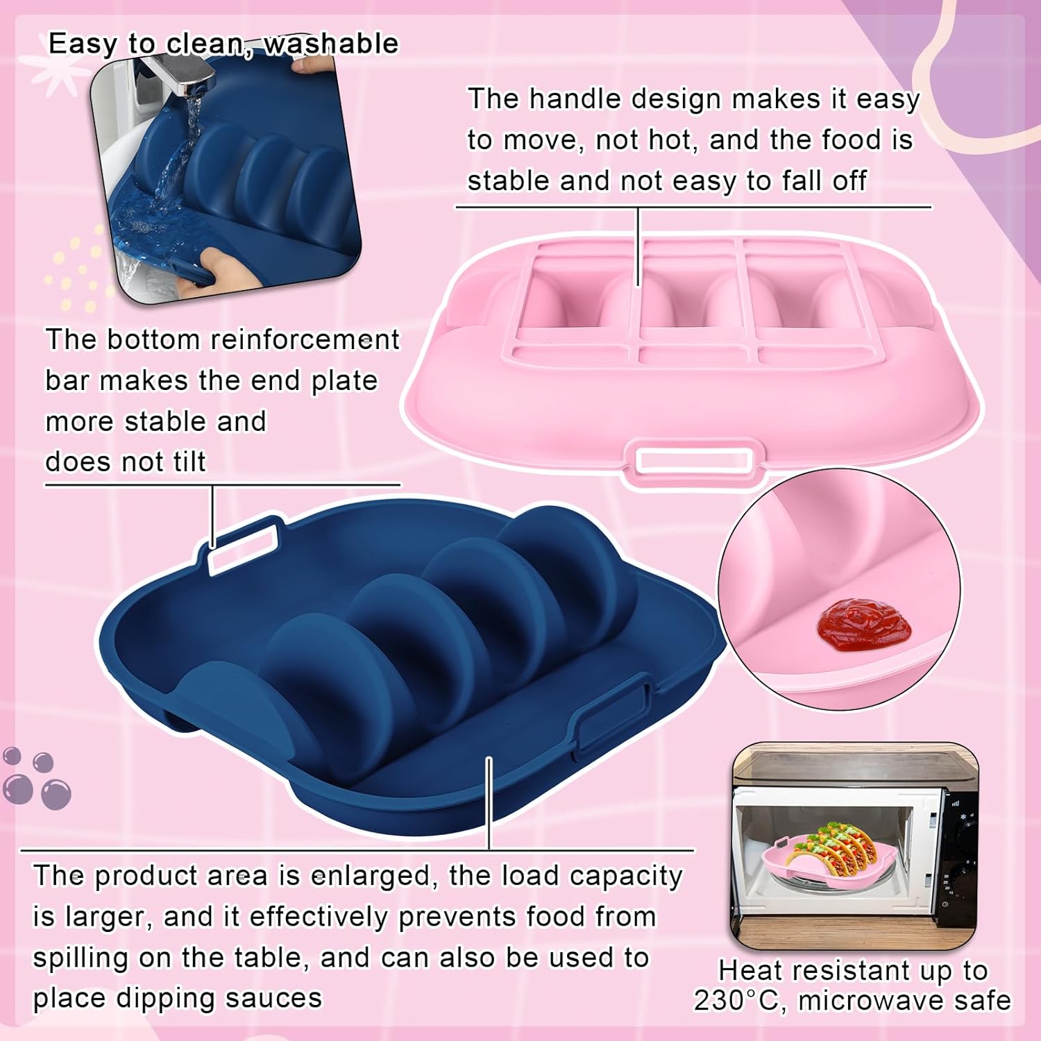 Remerry Silicone Taco Holder Plates Set of 2 Colorful Reusable Taco Holder with 4-Shell Slots for Hard/Soft Serving Plates Dishwasher Microwave Family Dinner Tortillas Party Serving(Blue, Pink)