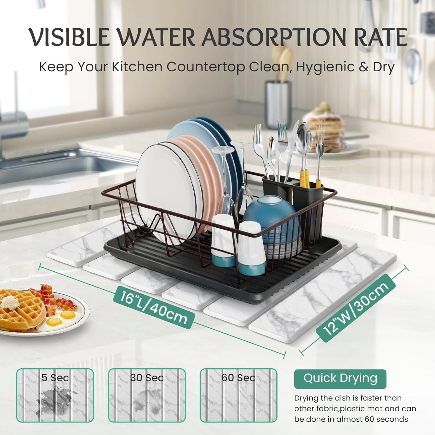 Stone Dish Drying Mat Collapsible Diatomaceous Earth Absorbent Mat Quick Dish Drying Pad Dish Rack Pad Match Any Counter to Multiple Usage for Kitchen,Bathroom