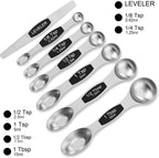 Magnetic Measuring Spoons Set - Wildone Stainless Steel Double Sided Measuring Spoons Set of 7 Black, for Dry & Liquid Ingredients, Including 6 Heavy Duty Nesting Spoons, 1 Leveler, Fits in Spice Jar