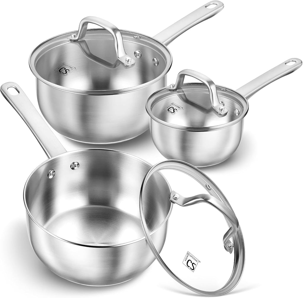 KOCH SYSTEME CS Stainless Steel Saucepan Set, 1QT & 2QT & 3QT Sauce Pan, Premium 18/10 Steel Sauce Pan Set, Induction Saucepans, Stainless Steel Pot Set 6 Piece, Easy to Clean, Oven Safe