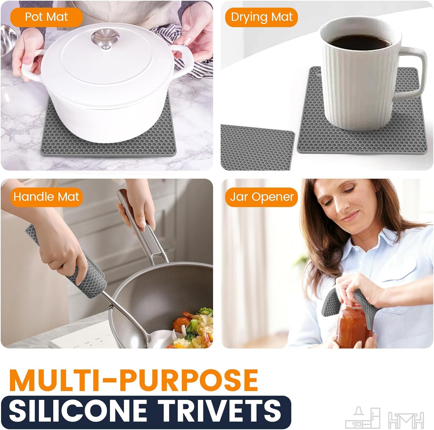 Silicone Trivet Mats 4 Heat Resistant Pot Holders Multipurpose Non-Slip Hot Pads for Kitchen Potholders, Drying mat, Jar Opener, Spoon Holder, Coaster.(Grey)