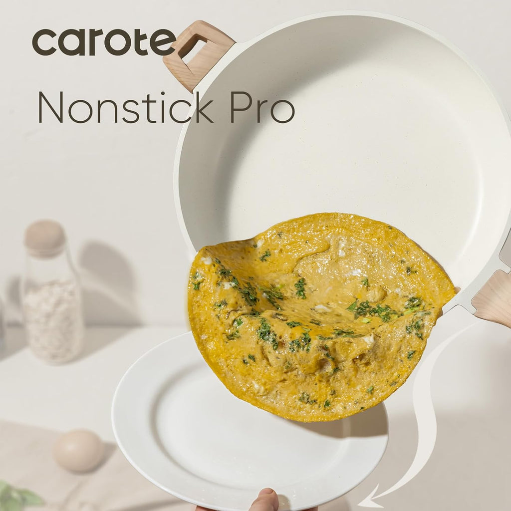CAROTE 12.5 Inch Non Stick Frying Pan with Lid,White Granite Nonstick Skillet Omelet Pans, Egg Pan Granite Cookware, PFOS & PFOA Free