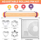 Wooden Rolling Pin with Thickness Rings and Pastry Baking Mat, Pizza, Cookie, Bread, Pie Crusts,Roller Rod for Dough Thickness, 13.6" with 4 Multicolored Thickness Rings&Cookie Molds