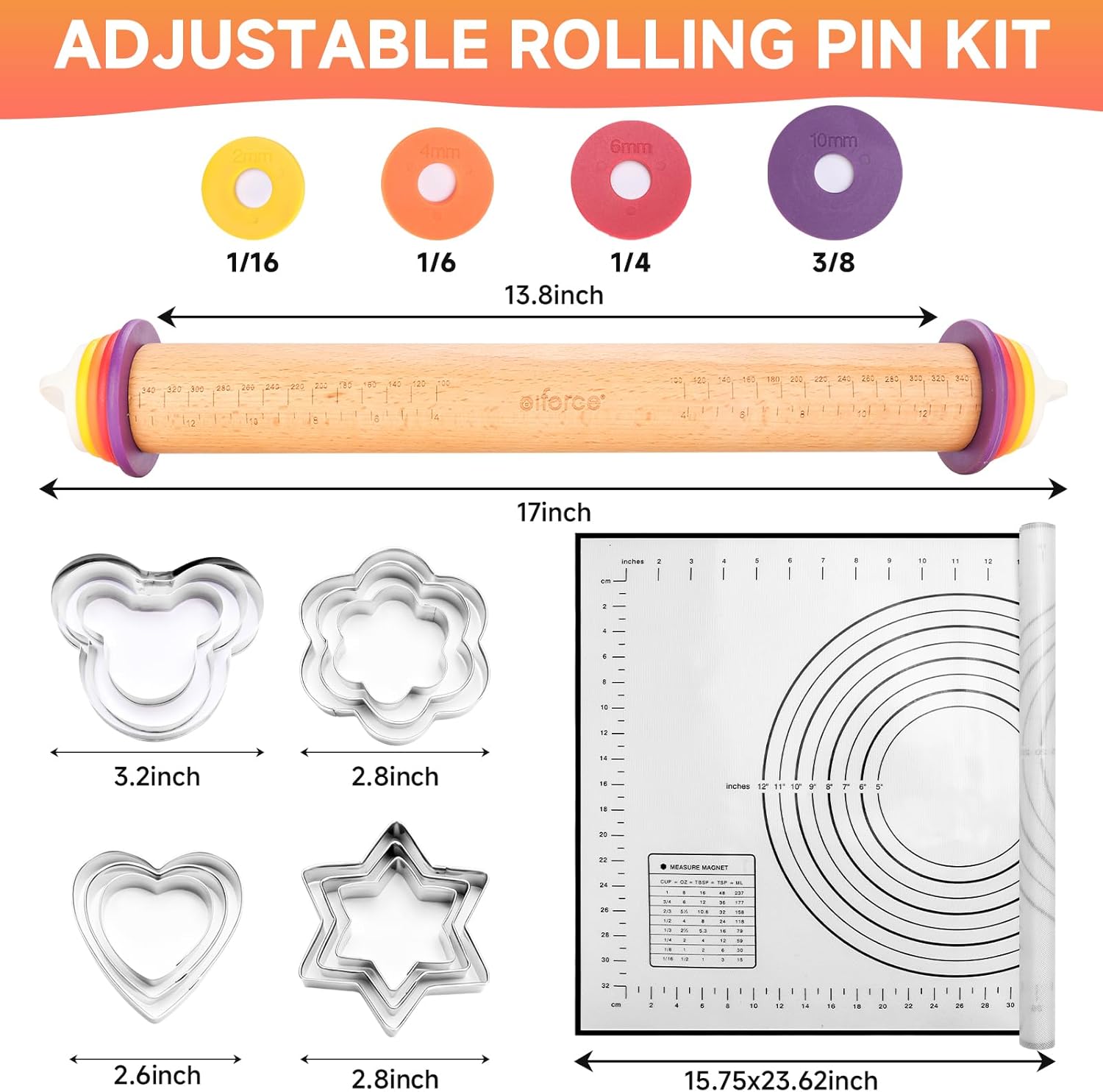 Wooden Rolling Pin with Thickness Rings and Pastry Baking Mat, Pizza, Cookie, Bread, Pie Crusts,Roller Rod for Dough Thickness, 13.6" with 4 Multicolored Thickness Rings&Cookie Molds