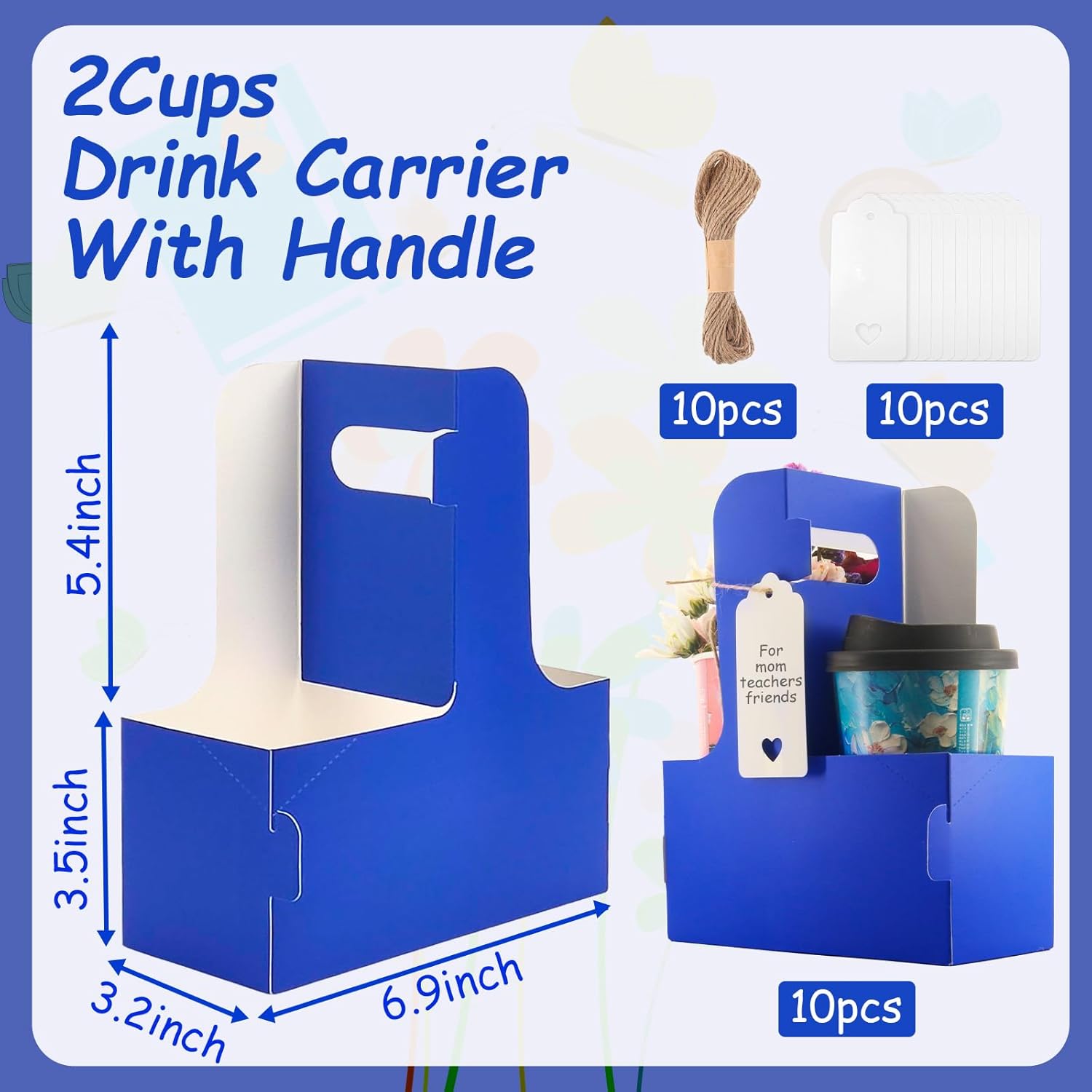 10 Pack 2 Cup Disposable Drink Carrier with Handle Paperboard Coffee Cup Holder Portable for Hot Cold Drinks Food Delivery Services with Heart Card for Teacher Appreciation Week Mother's Day