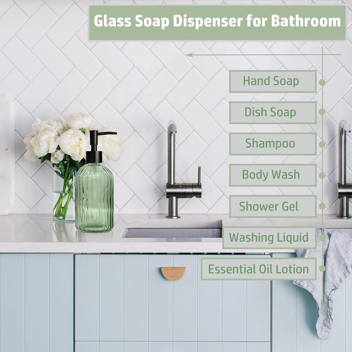 14 Oz Black Pump Glass Soap Dispenser, Green Stripe Countertop Refillable Liquid Bottle Hand Dish Lotion Dispenser with Plastic Pump, for Kitchen, Bathroom