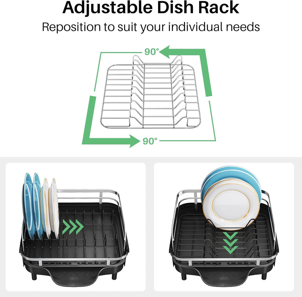 SNTD Dish Drying Rack, Expandable Dish Rack for Kitchen Counter, Stainless Steel Dish Drainer with Drainboard Set and Utensil Holder (Black)