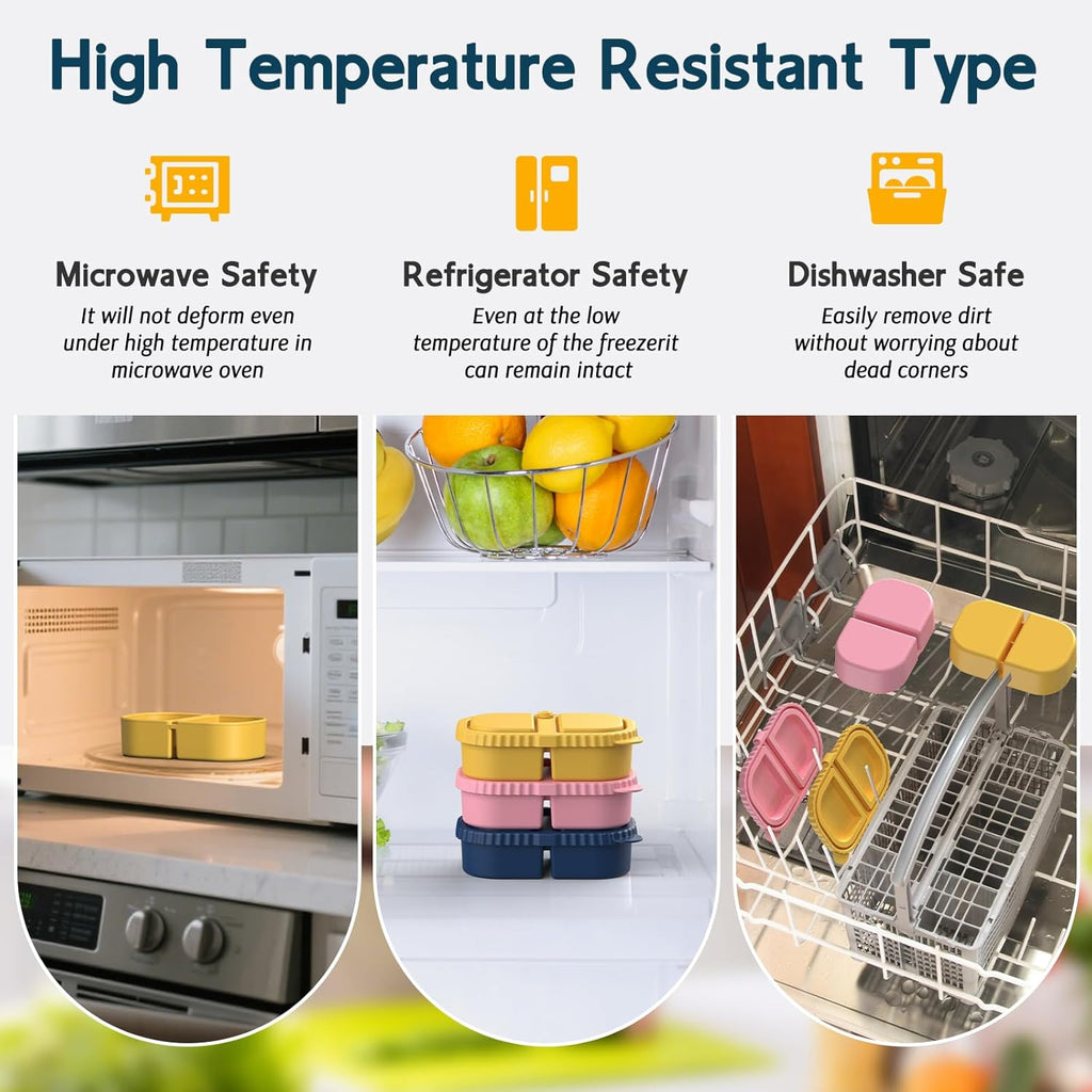 3 Pack Reusable Silicone Snack Containers with Lids, Mini Containers 2 Compartments, Portable Silicone Food Storage Box for Picnic, School, Office (3)