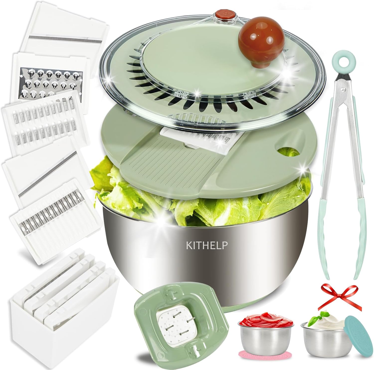Stainless Steel Salad Spinner Large, Vegetables Fruits Wash Bowl with Strainer, Lettuce Spinner Dryer with 5 Blades Slicer, Egg Yolk Strainer, Shredder for Efficient Salad Preparation 5.3Qt