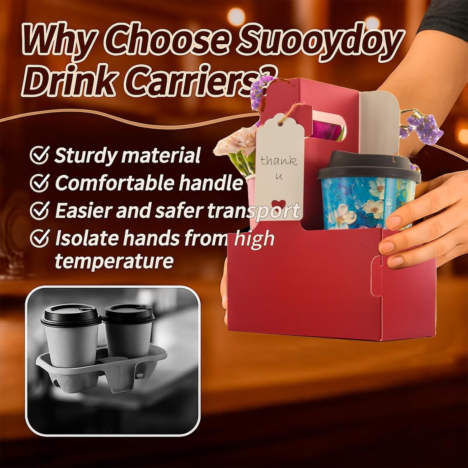 10 Pack 2 Cup Disposable Drink Carrier with Handle Paperboard Coffee Cup Holder Portable for Hot Cold Drinks Food Delivery Services with Heart Card for Teacher Appreciation Week Mother's Day