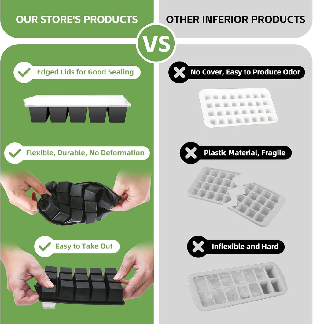 Silicone Ice Cube Tray, 2 Pack Easy-Release Stackable Ice Trays for Freezer with Lid 15 Reusable Cubes, Food Grade BPA Free Ice Molds for Whiskey, Baby Food, Coffee, Cocktail, Drinks (Black)