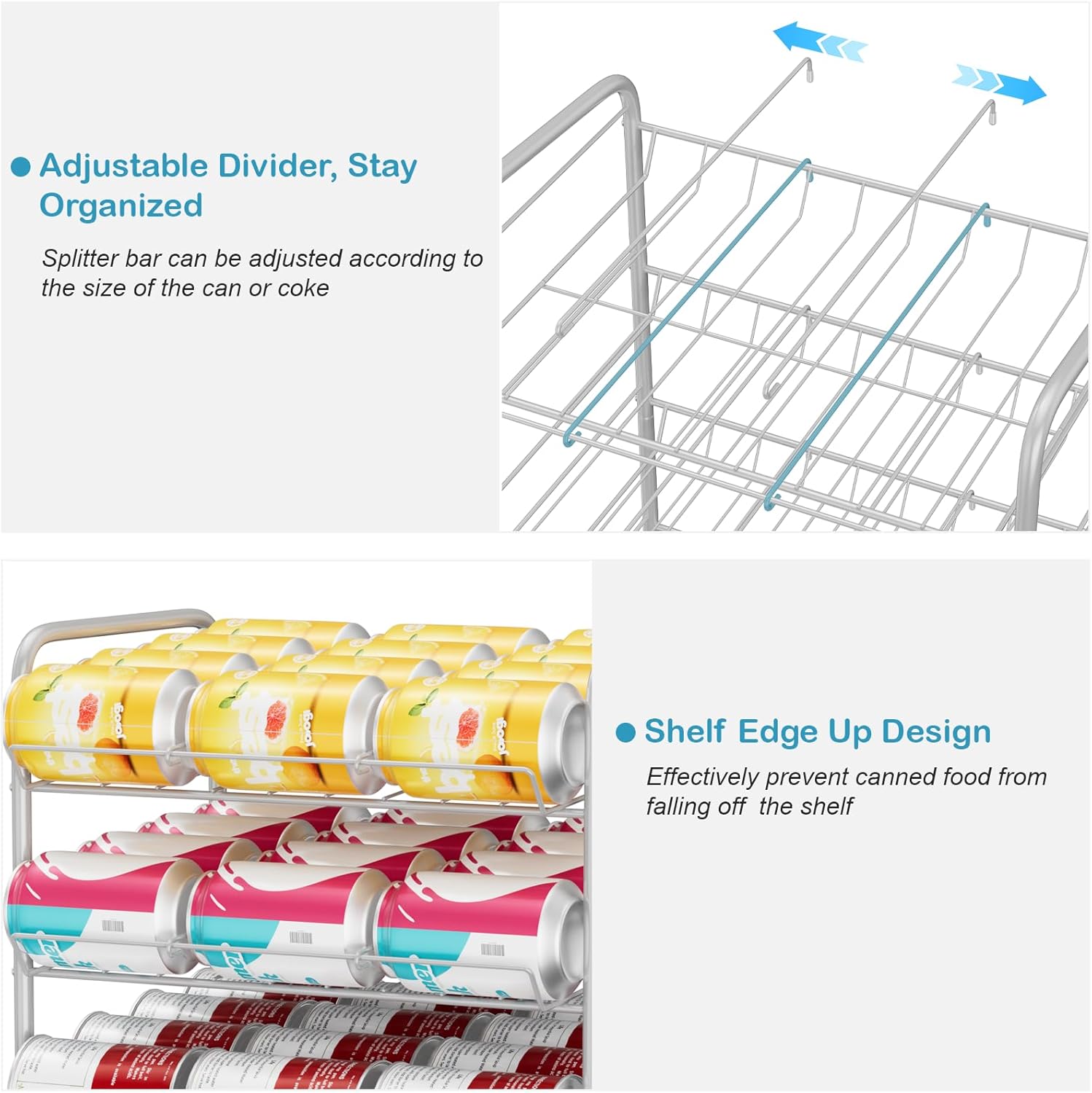 Vrisa Can Organizer for Pantry 5 Tier Canned Food Organizer Can Storage Rack Holds Up to 60 Cans Rolling Soda Soup Vegetable Can Goods Dispenser Shelf for Kitchen Pantry Cabinet, Silver