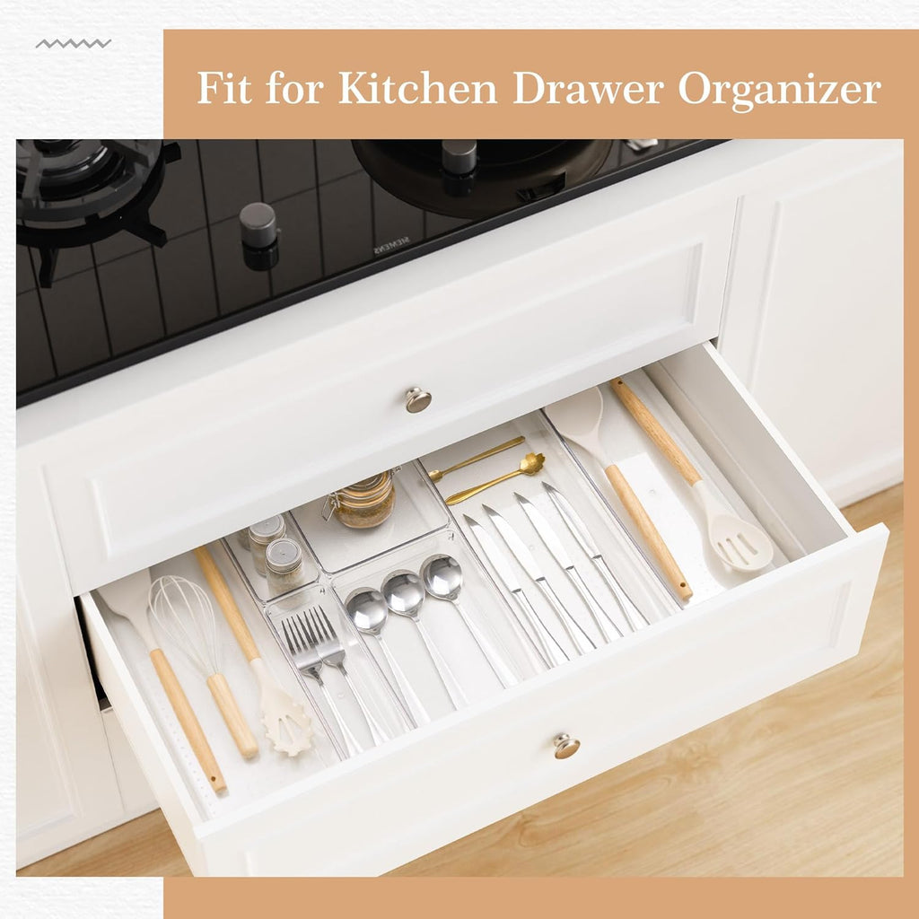 Criusia Drawer Organizer, 12 Pack Clear Plastic Kitchen Drawer Organizers Set,4-Size Versatile Bathroom and Vanity Organizer Trays,Storage Bins for Makeup, Bathroom, Jewelries and Office