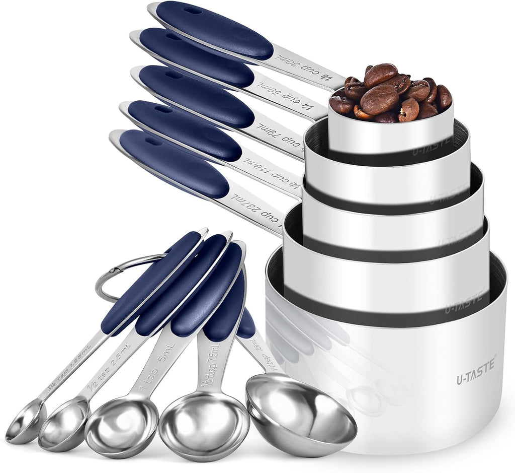 U-Taste Measuring Cups and Spoons: Food Grade 18/8 Stainless Steel Metal Measure Cups and Spoons Set of 10, Upgraded Thickness Handle (Midnight Blue)