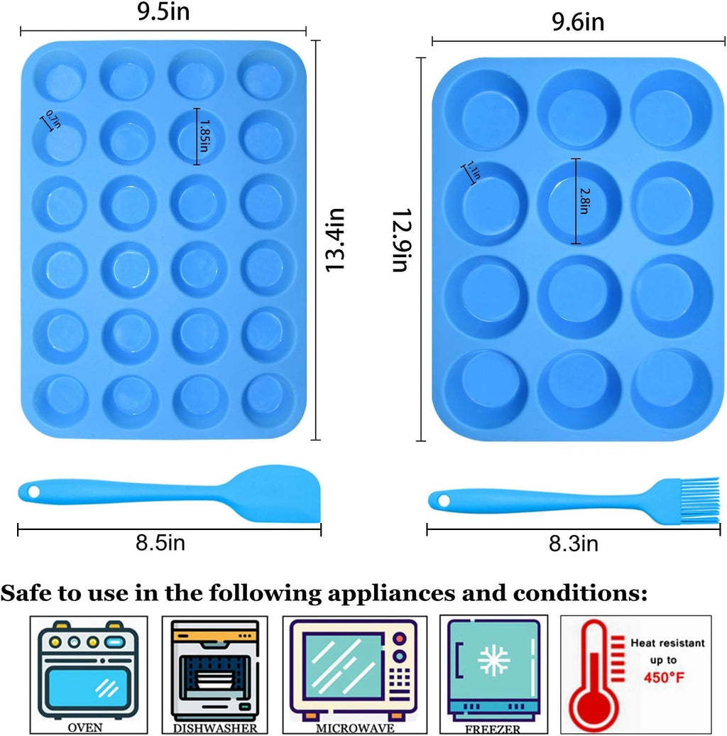 Silicone Muffin Pan Cupcake Set – Non-Stick 12 Cups and Mini 24 Cups,Silicone Baking Molds,BPA Free Muffin Tin with 1 Silicone Spatula & 1 Oil Brush (blue)