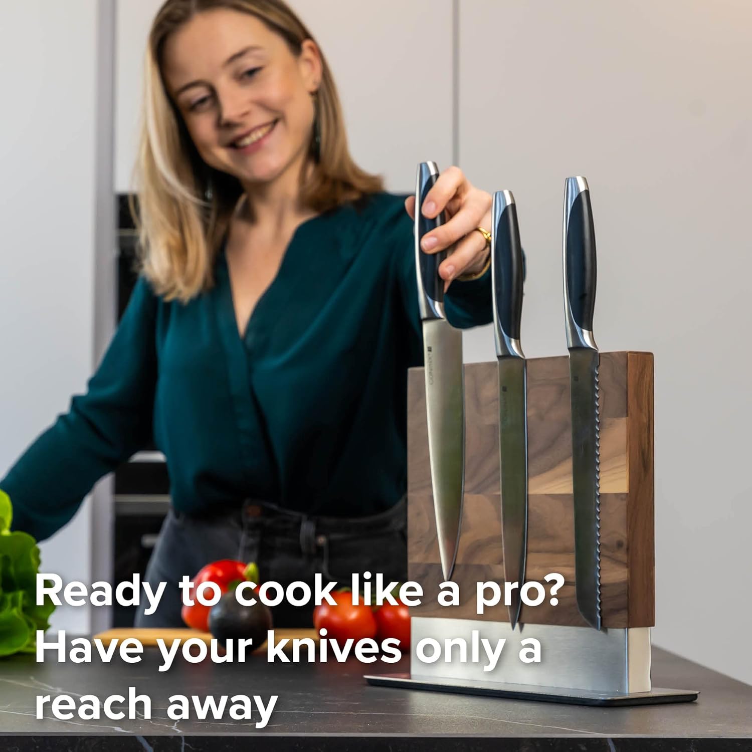 Coninx Magnetic Knife Holder with display stand, Double Sided Strong Magnetic Knife block for Kitchen counter top, Universal empty storage Organizer Block (Walnut Wood)