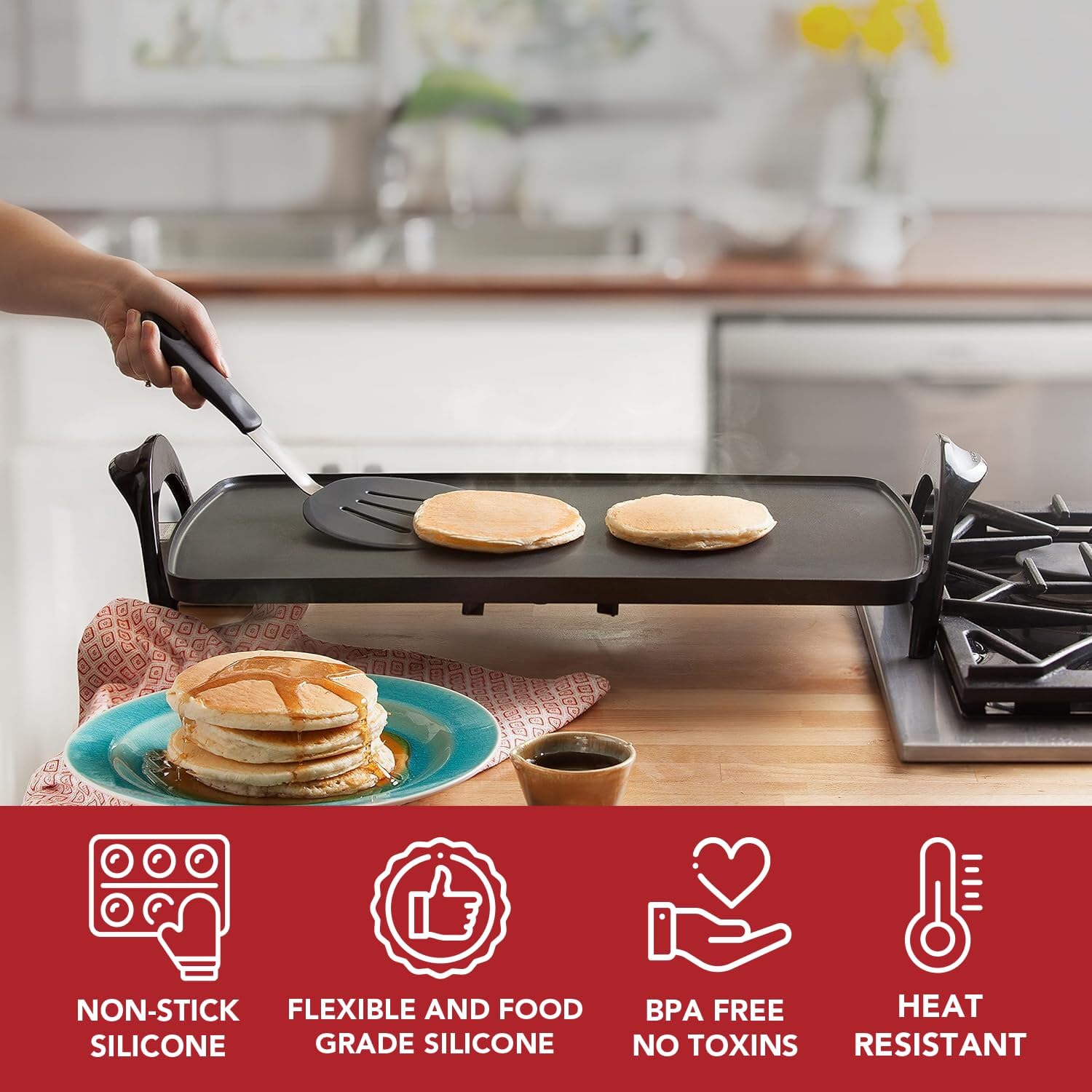Set of 4 Silicone Spatula Utensils by Boxiki Kitchen. Professional Silicone and Stainless Steel Kitchen Spatula for Cooking, Pancakes, Eggs and Fish.