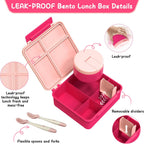 Bento Lunch Box with 8oz Soup Thermo, Leak-Proof Lunch Containers with 4 Compartment, Thermo Hot Food Jar and Insulated Lunch Box for School Pink