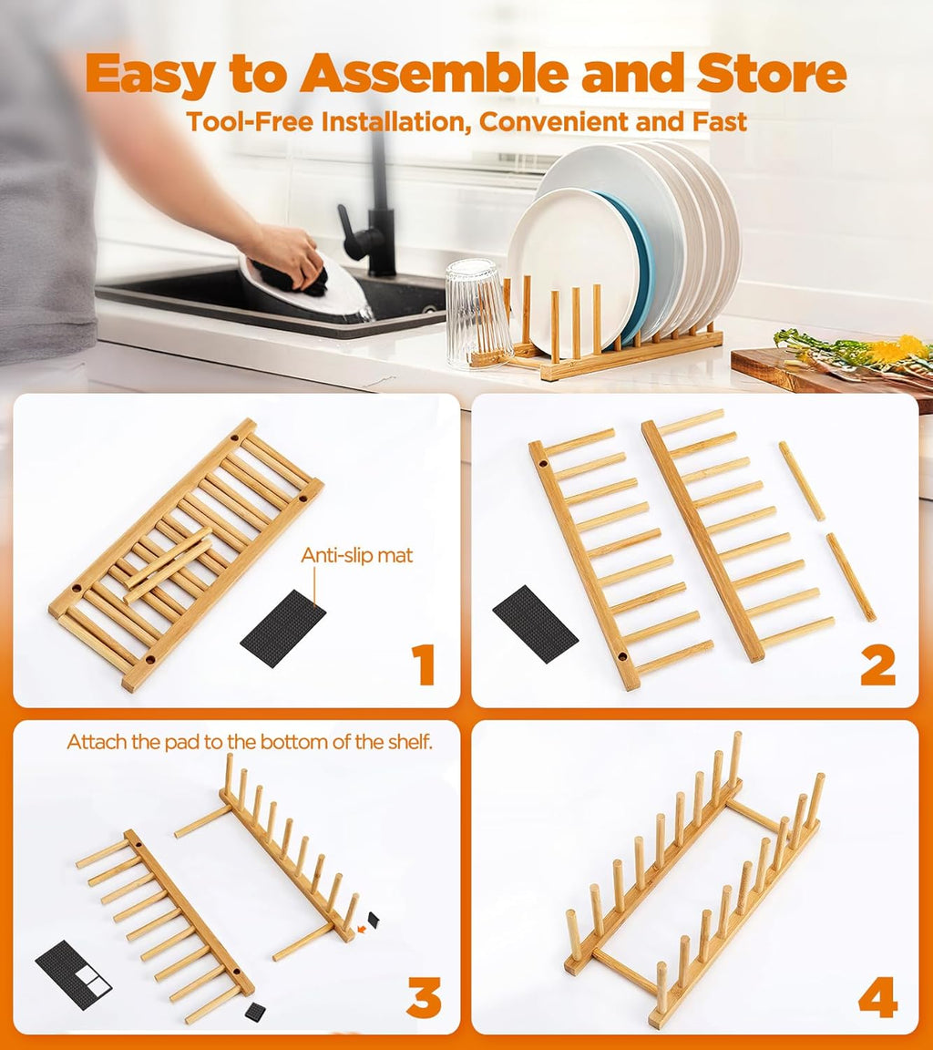 Bamboo Dish Drying Rack, 4 Pack Wooden Storage Holder Organizer for Plate/Bowl/Cup/Book/Pot/Lid/Cutting Board Drying Rack Stand Holder