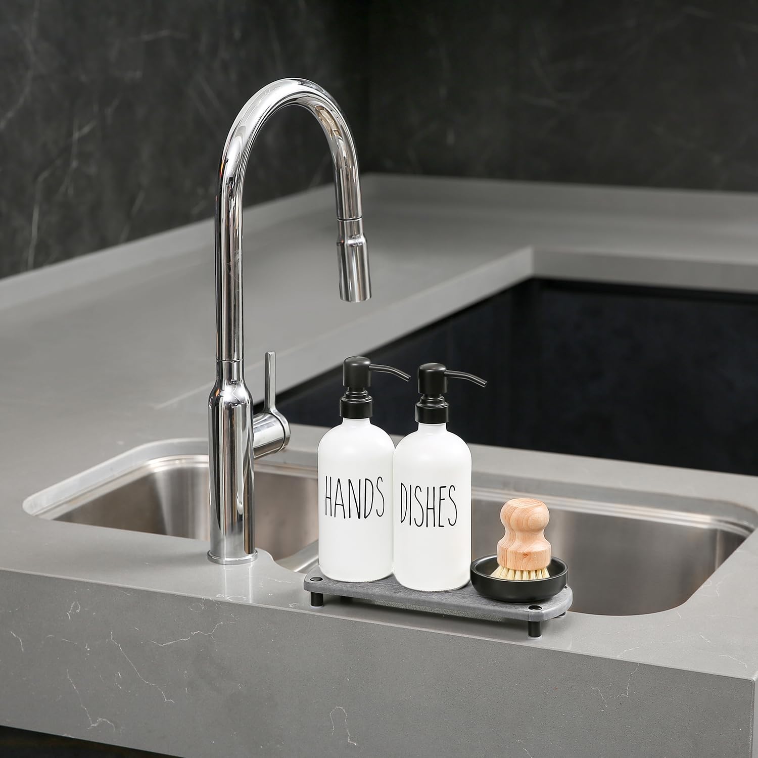 MOMEEMO White Soap Dispenser Set Comes with Stainless Pumps, Black Instant Dry Tray, and Dish Scrub Brush, Suitable for Kitchen Decor and Accessories. (White & Black)