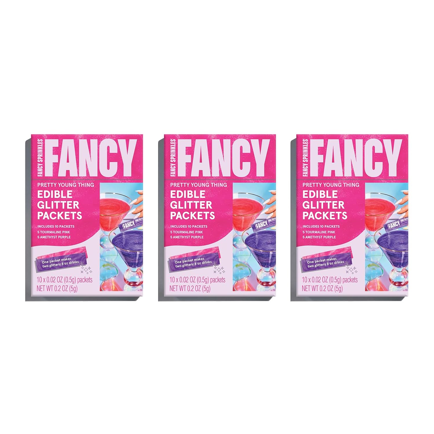 Fancy Sprinkles Pretty Young Thing Edible Glitter Packets Portable & On-The-Go for Sparkling Drinks, Champagne, Cocktails, Wine, Beer, & more. (3 Pack)