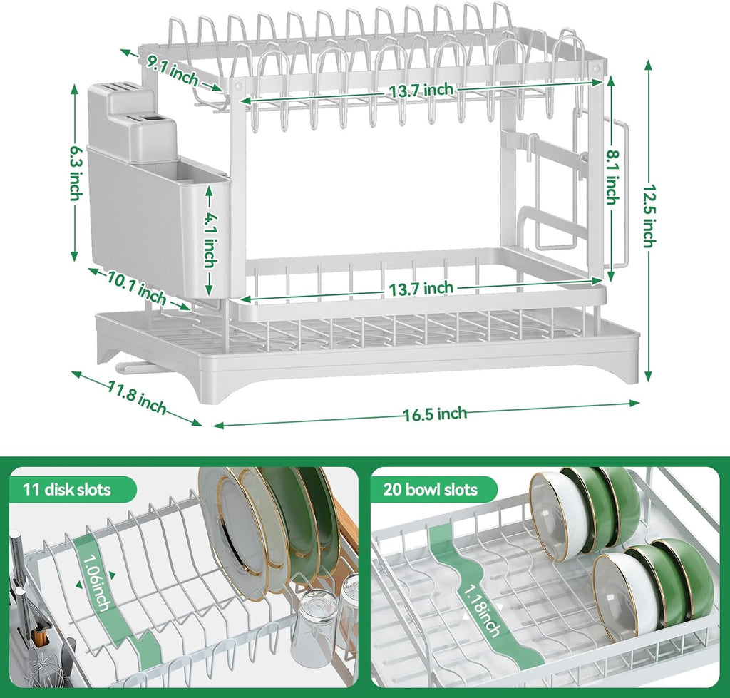 2-Tier Dish Drying Rack with Drainboard, Sink & Countertop Metal Dish Rack Organizer, Dish Drainers for Kitchen Counter, White Dish Racks