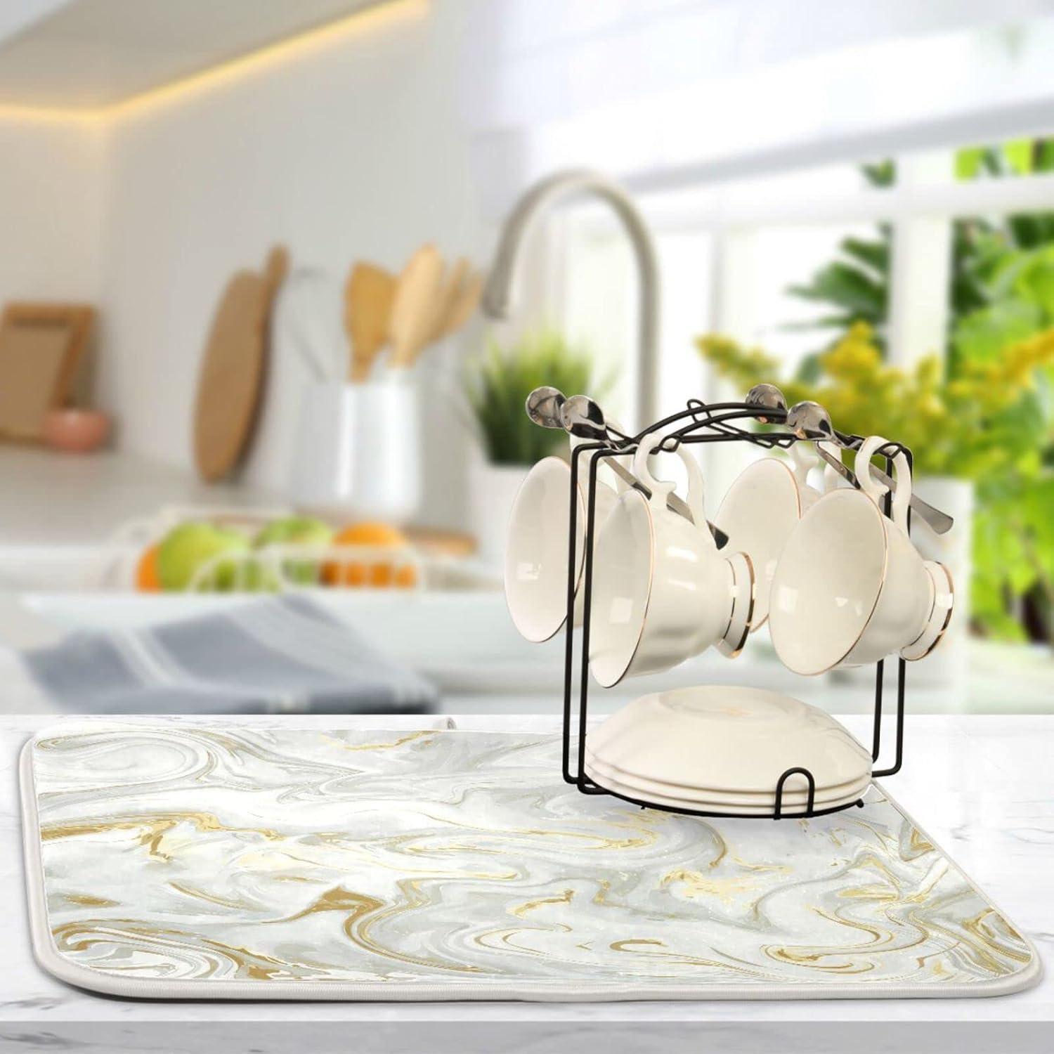 White Grey Gold Marble Fluid Dish Drying Mat for Kitchen Counter Absorbent Microfiber Drying Pad, Medium 16x18 in, Reversible Drainer Mats