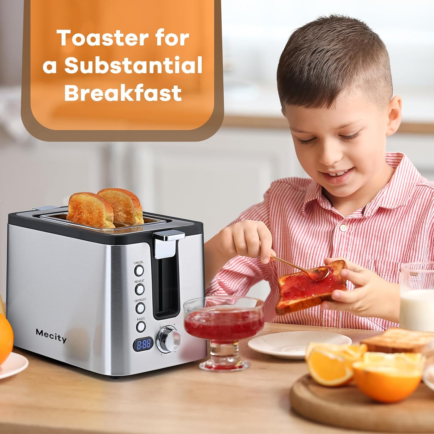 Mecity Toaster 2 Slice Stainless Steel with Countdown Timer, Bagel / Defrost / Reheat / Cancel Functions,Warming Rack, Removable Crumb Tray, 6 Browning Settings, Extra Wide Long Slots, Bread Toaster, 800 Watts
