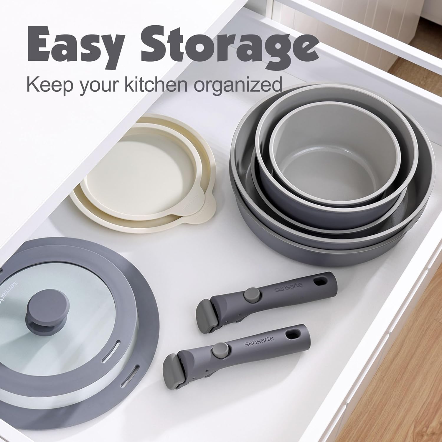 SENSARTE 17 Piece Ceramic Pots and Pans Set, Nonstick Detachable Handle Cookware, Induction Kitchen Cookware Set with Removable Handle, Dishwasher ＆ Oven Safe (Gray)